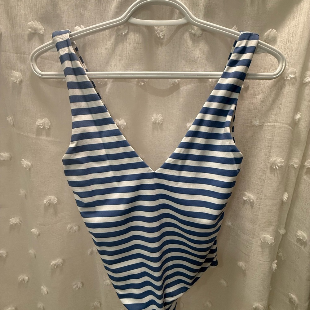 Babaton Blue and White Striped V-Neck Top